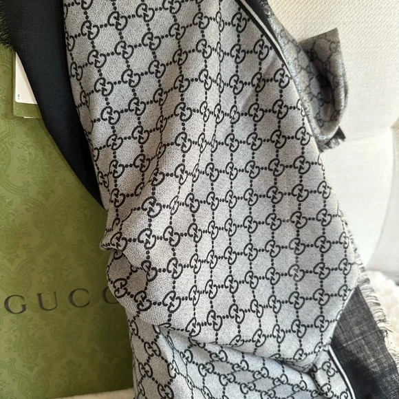 Gucci Scarf, Black and Gray with Iconic GG logo, NWT - Picture 8 of 12